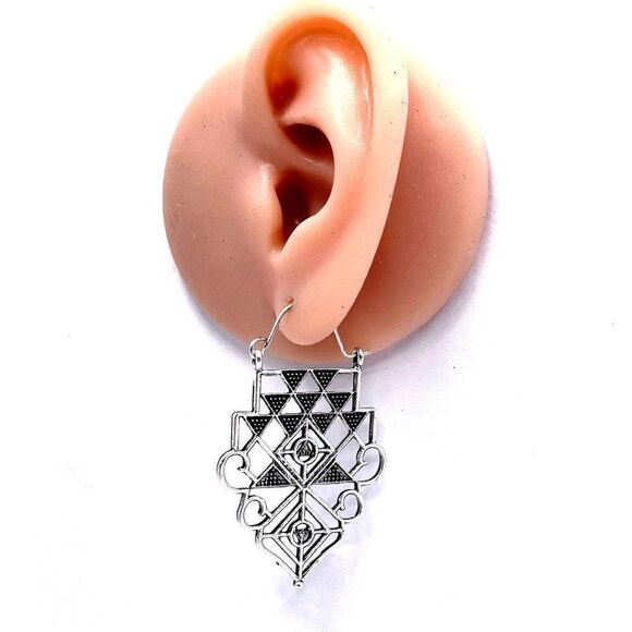 Silver Detailed Boho Asian Inspired Dangling Drop Hinged Hook Earrings - Picture 5 of 5